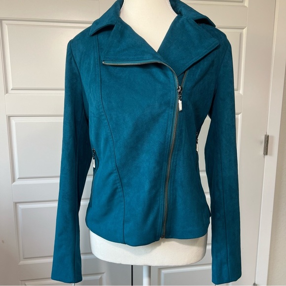 Chico's Moto‎ Jacket Faux Suede Asymmetrical Zip Teal Blue Biker Style - Picture 1 of 9